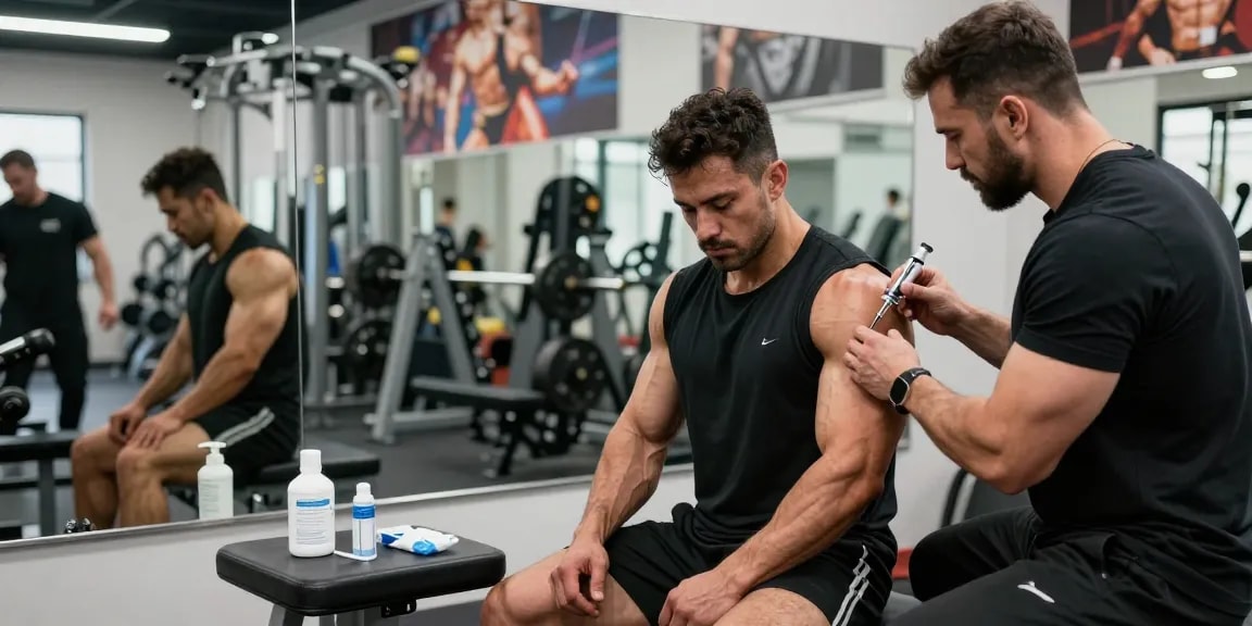 Anabolika Shop: Bodybuilder spritzt Steroide unter Anleitung im Fitnessstudio