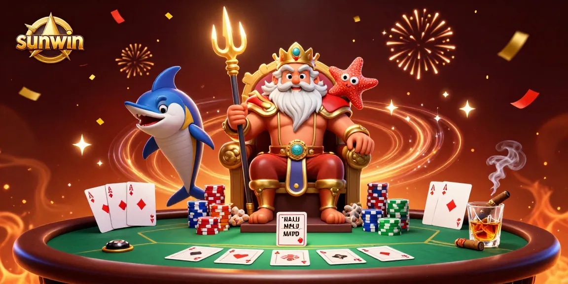 Experience thrilling poker action at sunwin with Neptune and his samurai, surrounded by chips and cards.