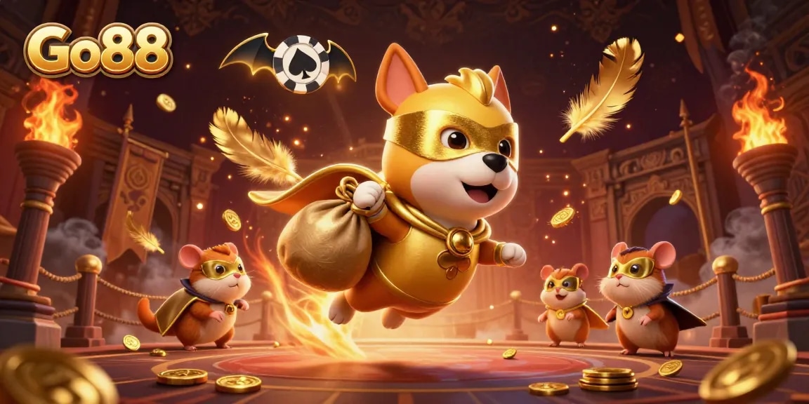 Experience thrilling gameplay at Go88 with a superhero dog and hamster in an exciting casino setting.