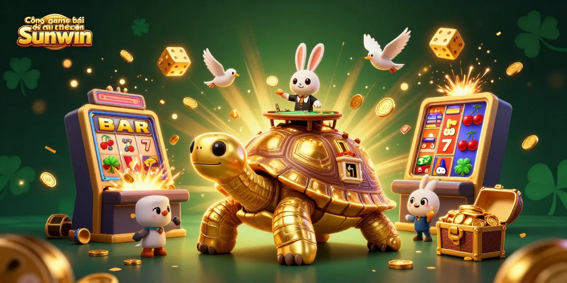 Cổng game bài đổi thưởng Sunwin showcases a vibrant gaming scene with a golden tortoise castle, dealer, and dynamic casino elements.