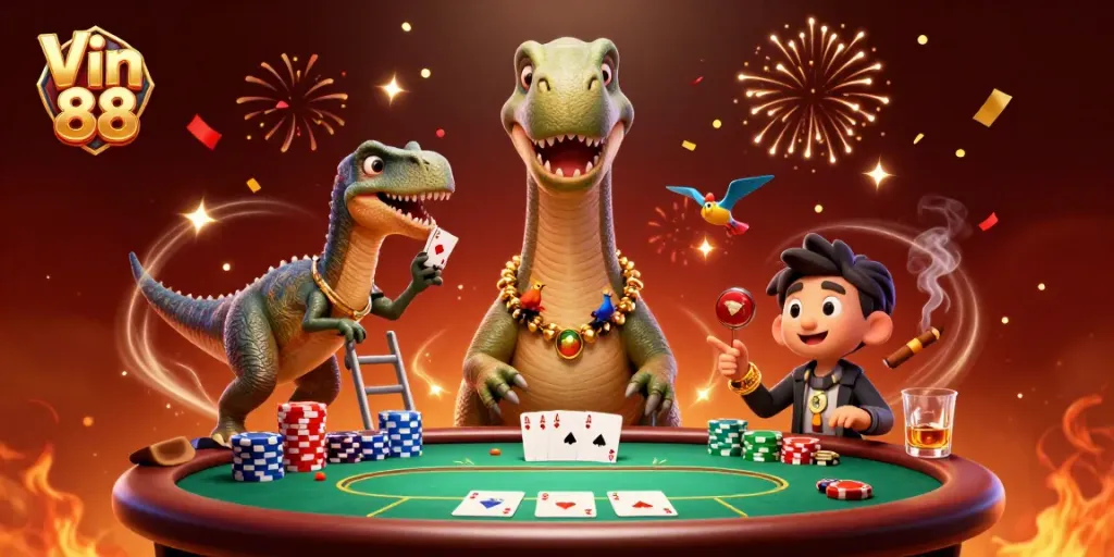 Players enjoy thrilling Vin 88 gaming, featuring a lively casino scene with a brontosaurus and raptor dealers.