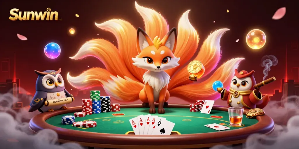 Engage in thrilling gameplay with Sunwin's vibrant casino environment featuring cartoon characters and poker elements.