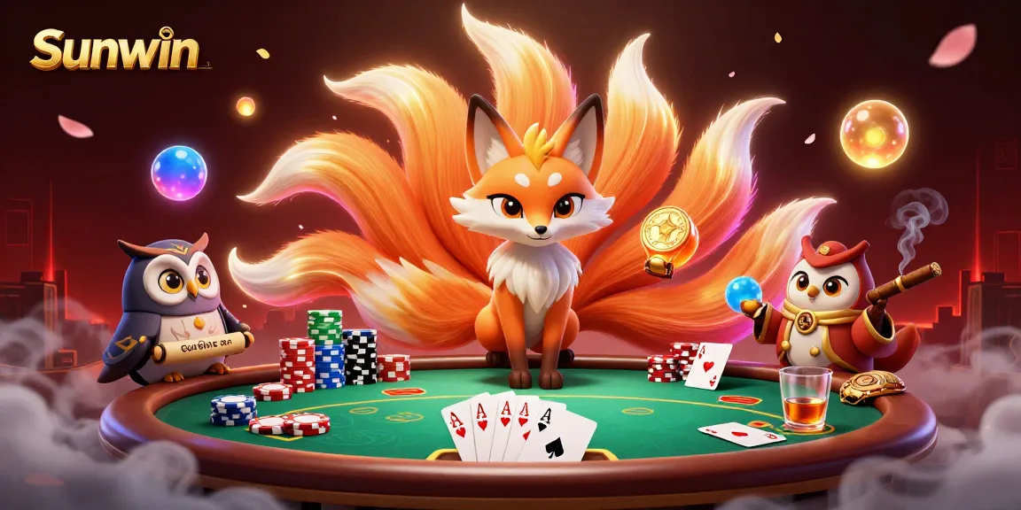 Engage in thrilling gameplay with Sunwin's vibrant casino environment featuring cartoon characters and poker elements.