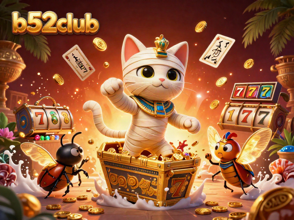 Experience the thrill of b52club with a dynamic scene featuring a mummy cat and vibrant casino elements.