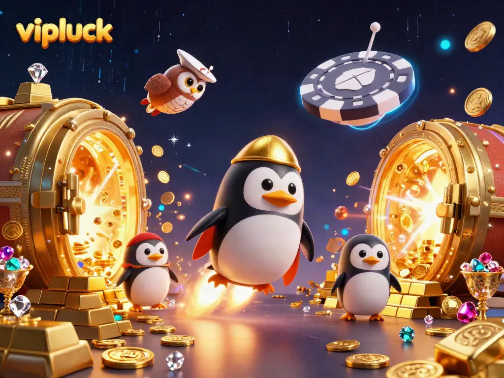 Experience exciting wins at vipluck while a golden penguin navigates a dynamic casino galaxy.