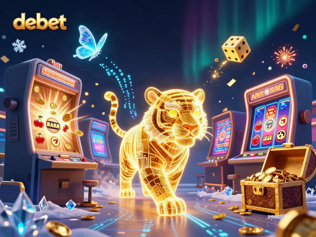 Experience thrilling excitement with debet in an ultra-modern casino landscape featuring a neon tiger and vibrant slot machines.