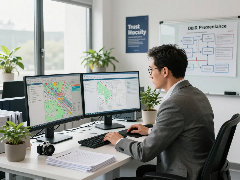 Vermessungsbüros und ÖbVI im modernen Büro mit Fokus auf Datenschutz, Ingenieure analysieren sensible Daten.