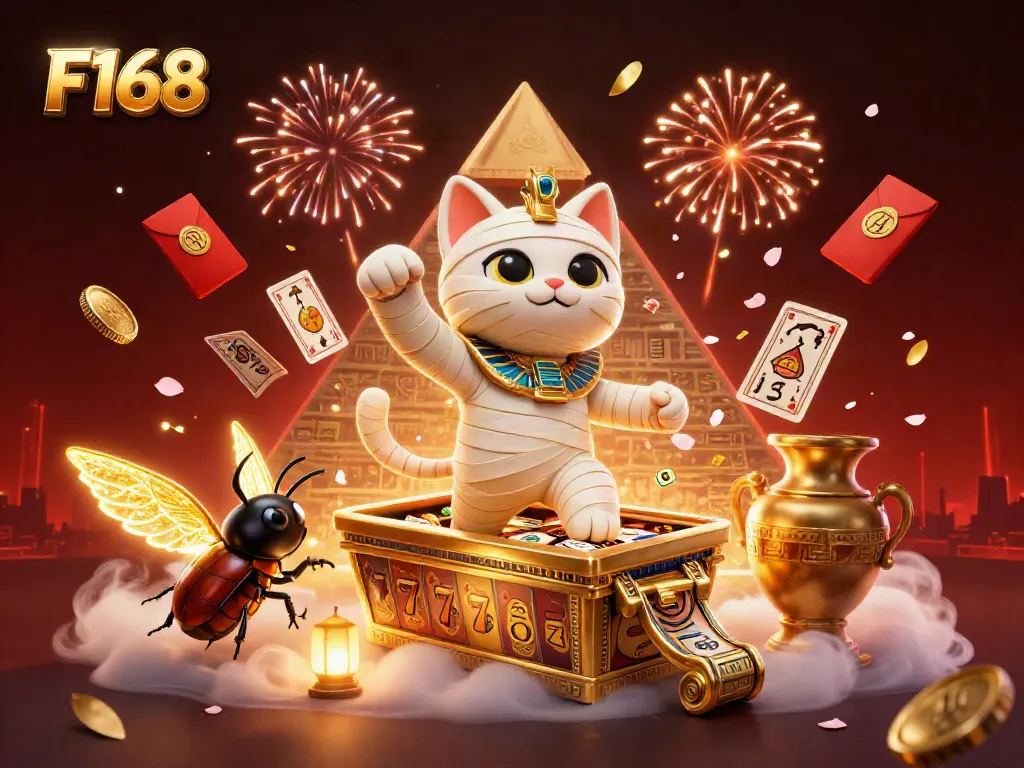 Engage with F168's captivating casino experience featuring a dynamic mummy cat and glowing scarab beetle.