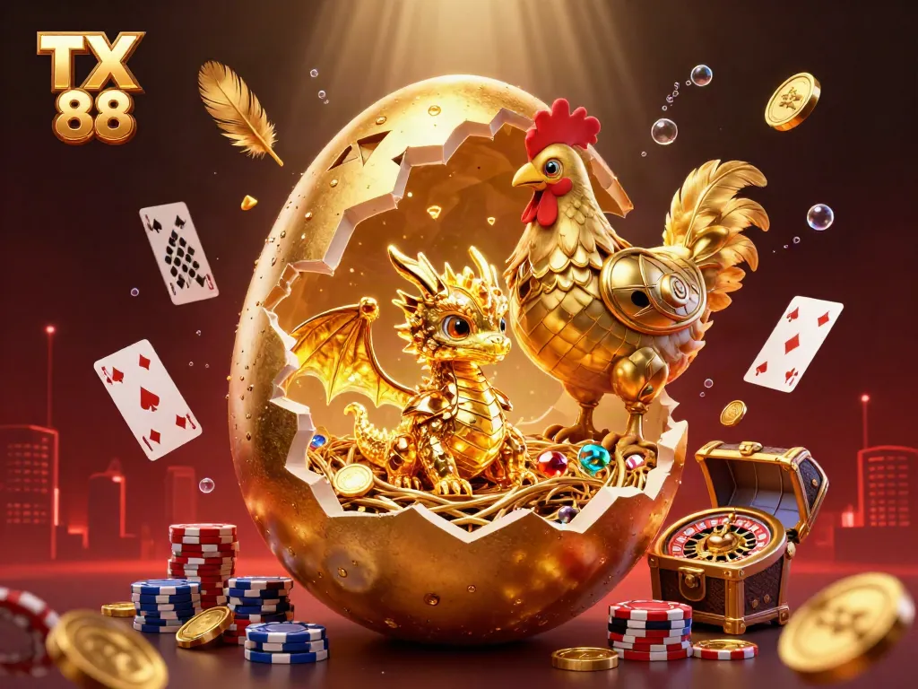 Engage with the exhilarating TX 88 experience featuring a golden dragon on poker chips surrounded by casino elements.