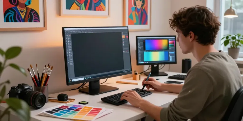 Artist creating 18+ AI-generated imagery in a vibrant digital art studio.
