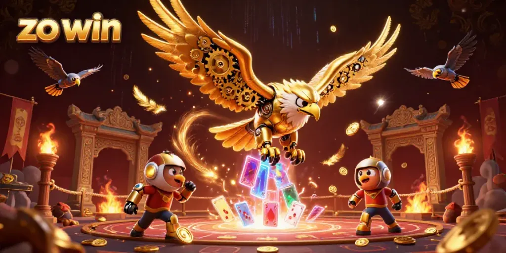 Immerse in the vibrant action of the zo win casino featuring a cybernetic eagle and holographic cards.