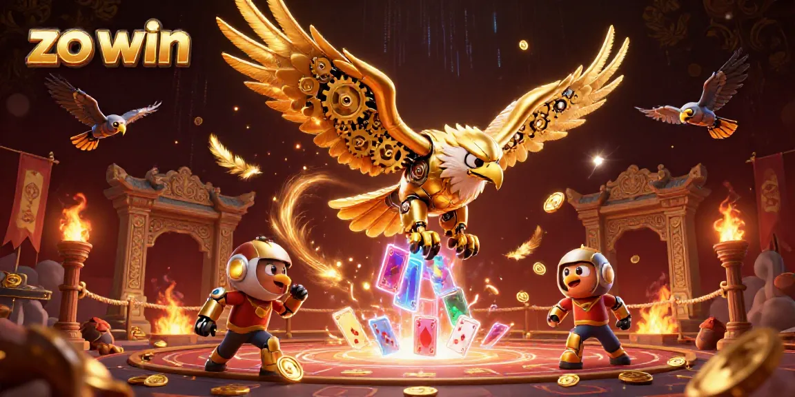 Immerse in the vibrant action of the zo win casino featuring a cybernetic eagle and holographic cards.