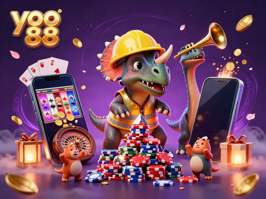 Join the fun at yo 88 with a triceratops building poker chip pyramids amidst a celebration of luck and gaming.