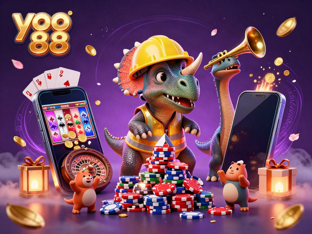 Join the fun at yo 88 with a triceratops building poker chip pyramids amidst a celebration of luck and gaming.