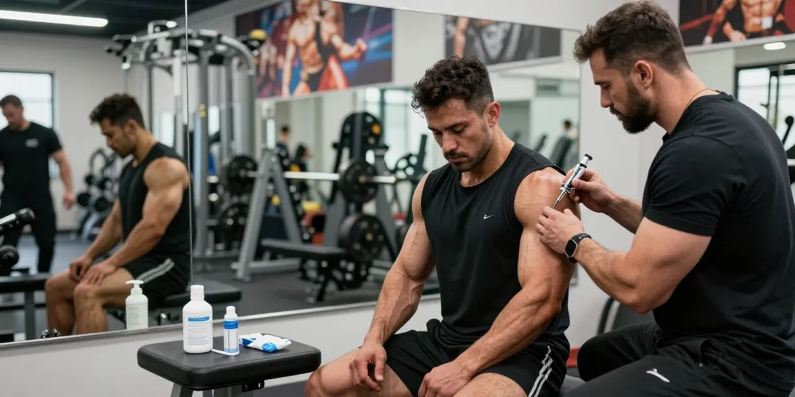 Anabolika Shop: Bodybuilder spritzt Steroide unter Anleitung im Fitnessstudio
