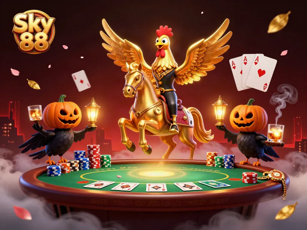 Sky 88 showcases a vibrant casino scene with a golden rooster and pumpkin-head companions, surrounded by poker elements.