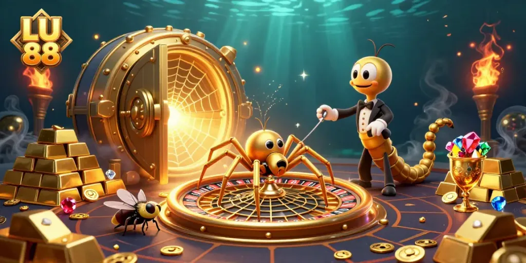 Experience thrilling gameplay with LU 88 as the golden spider spins roulette while a fly places bets.