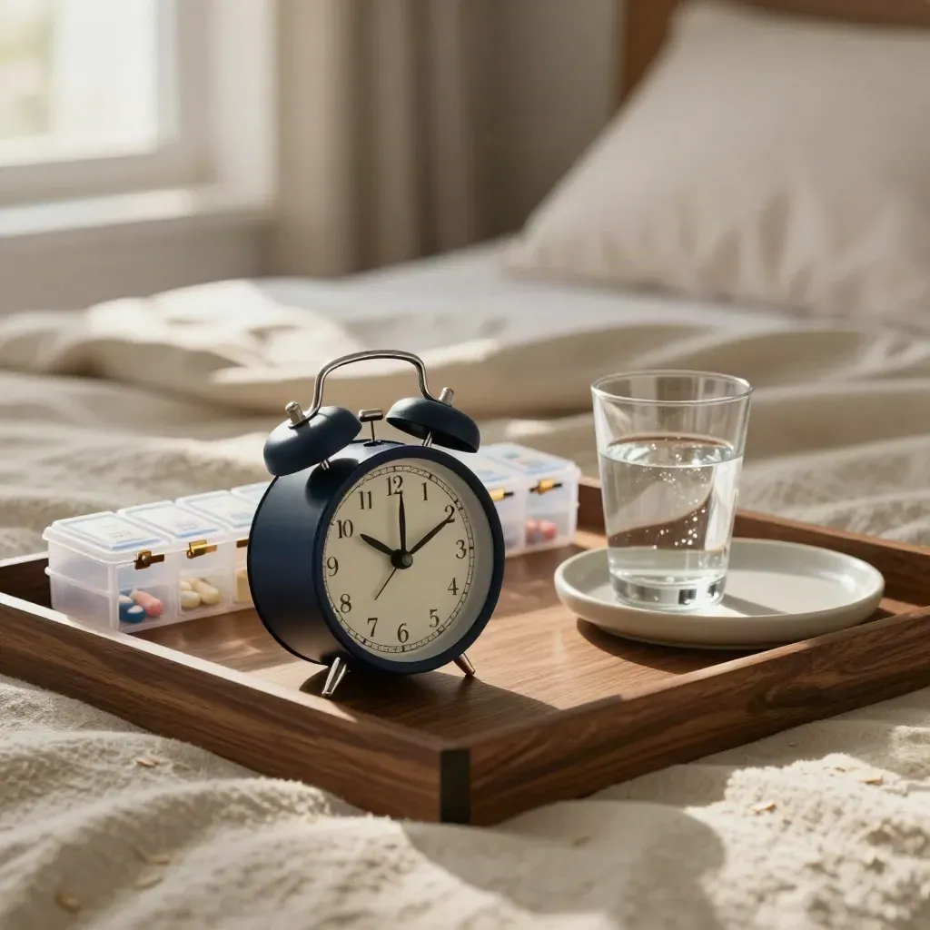 Wecker, Wochendosierer und Wasserglas am Bett im warmen Morgenlicht.