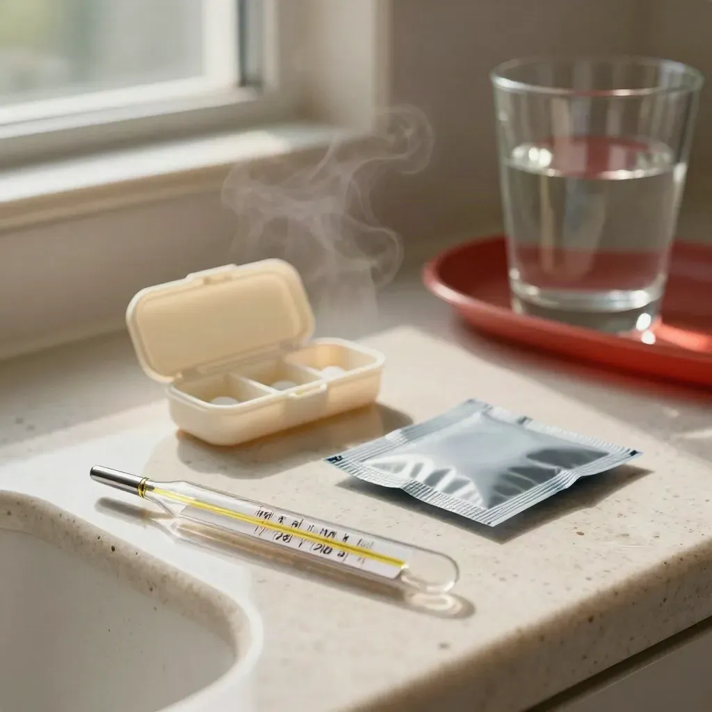 Thermometer, Kühlpack, Tablettenbox und Wasserglas auf travertinem Badstein im warmen Dunst