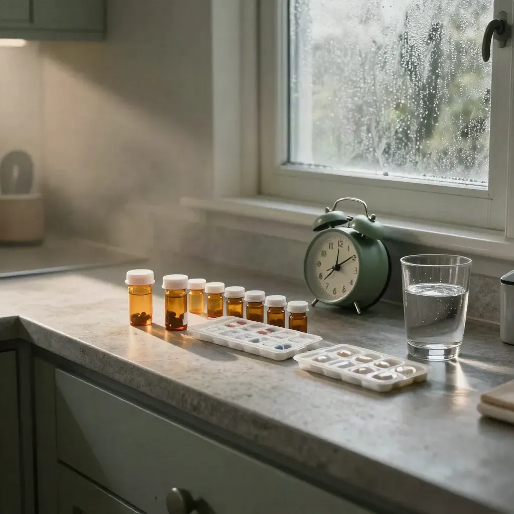 Medikationsstation mit Pillenboxen, Wasser und Wecker im Morgenlicht vor feuchtem Milchglas