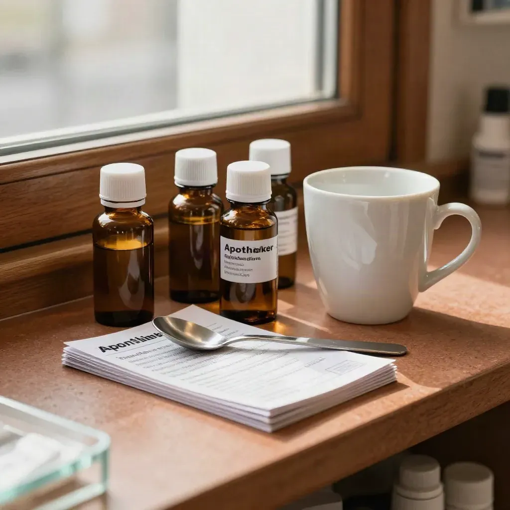 Apotheken-Set mit Flaschen, Dosierlöffel, Kartenstapel und Tasse auf einer Theke