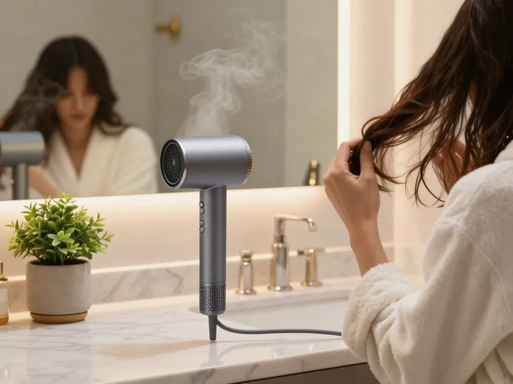 Modernes Badezimmer mit Ionen Föhn, Frau in Bademantel trocknet ihr Haar, elegante Atmosphäre.