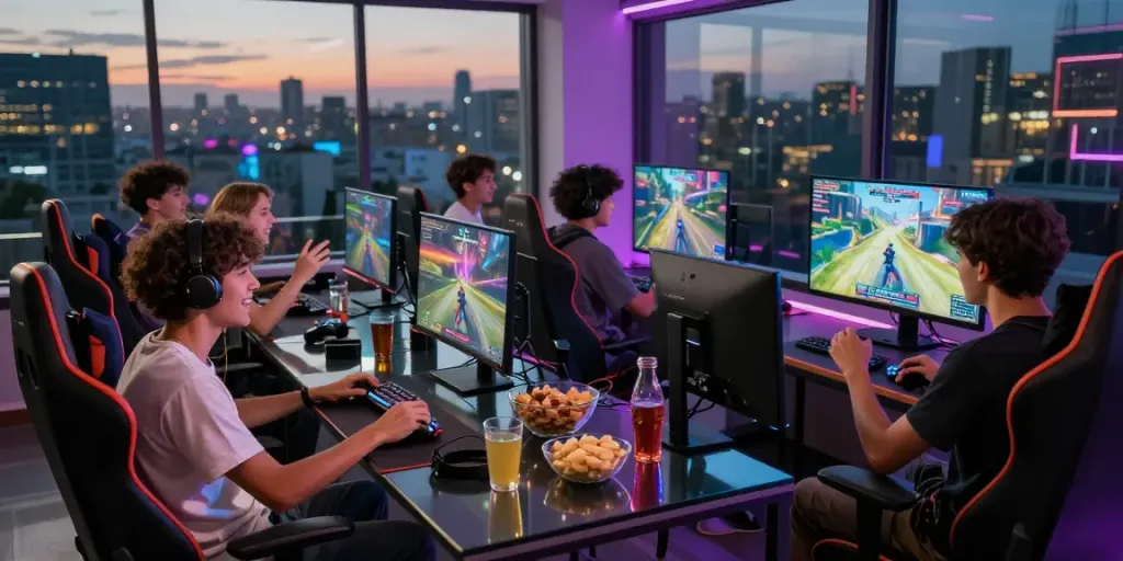 rokok88 login friendly gaming scene with friends around a vibrant screen