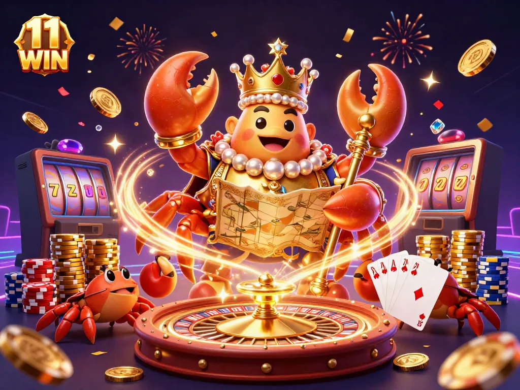 Join the excitement at 11 WIN with the golden crab emperor, festive treasure elements, and dynamic casino vibes!