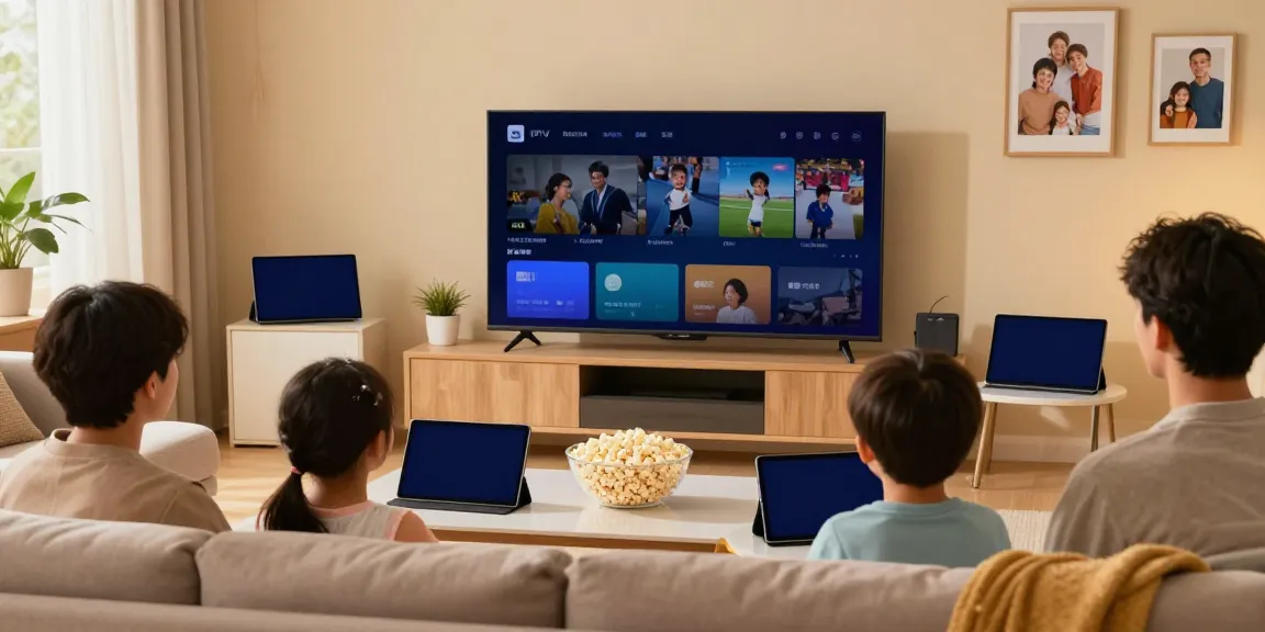 Family enjoying IPTV Abonnement on a smart TV in a cozy living room.