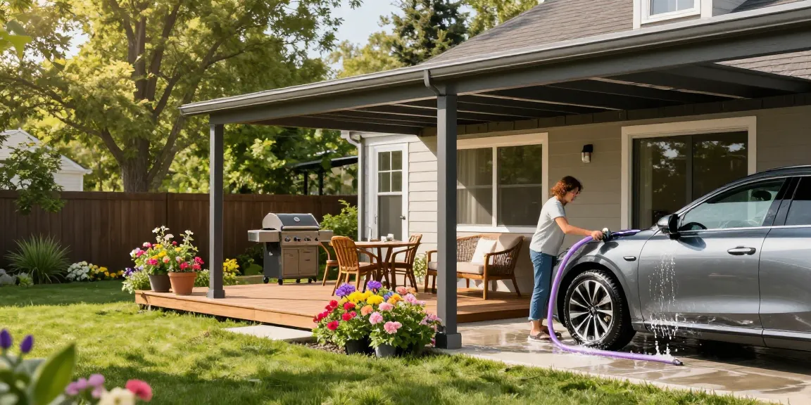 Moderner Carport schützt stilvolles Auto, während eine Person mit einem Schlauch wäscht, umgeben von blühenden Blumen.