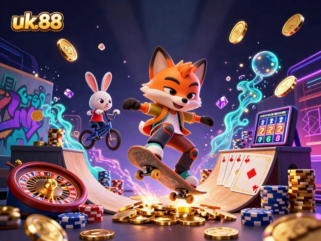 Experience the thrill of gaming with uk.88 as a skateboarder fox leaps over golden poker chips in vibrant 3D