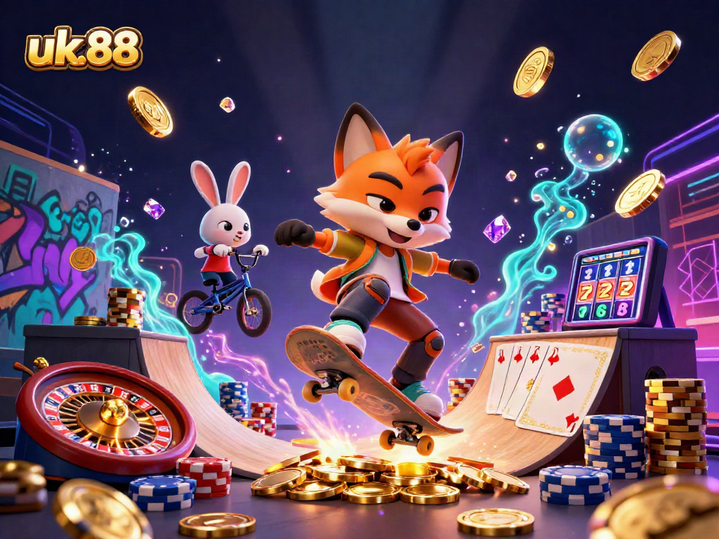 Experience the thrill of gaming with uk.88 as a skateboarder fox leaps over golden poker chips in vibrant 3D