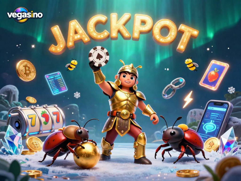 Spin and win at Vegasino as a cartoon beetle lifts a poker chip amidst colorful casino elements.