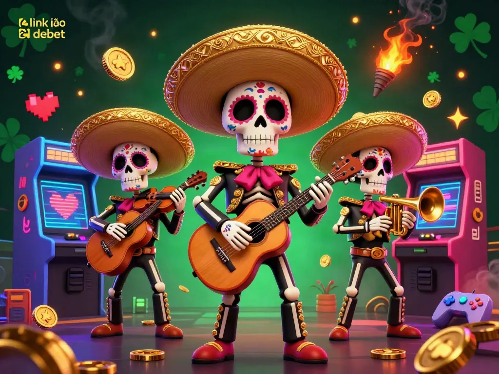 Engage with link vào debet in this vibrant 3D illustration featuring a lively mariachi band and arcade gaming elements.