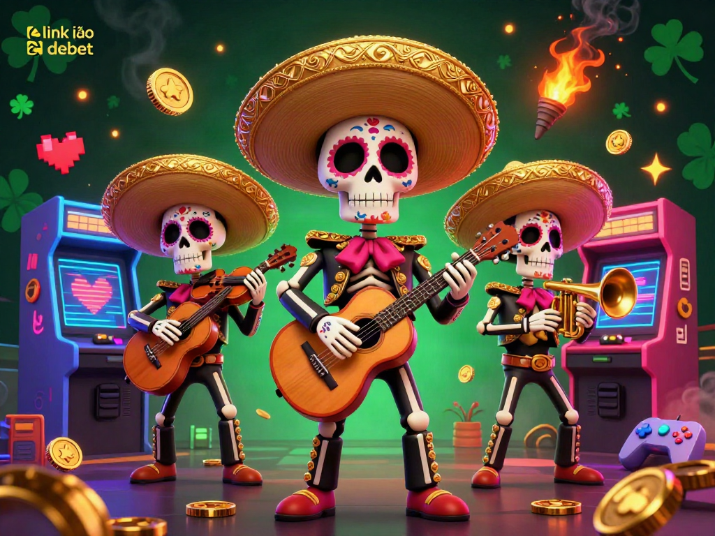 Engage with link vào debet in this vibrant 3D illustration featuring a lively mariachi band and arcade gaming elements.