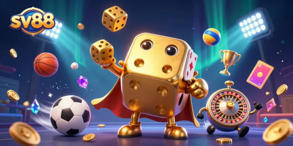 Experience the thrilling world of sv88 through golden dice and sports elements in this captivating illustration.