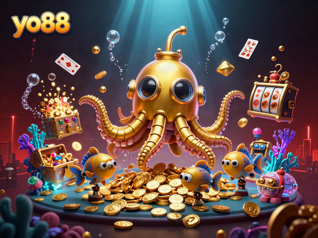 Engage in thrilling gameplay at yo88 with a vibrant underwater casino theme featuring a golden kraken and mechanical fish.