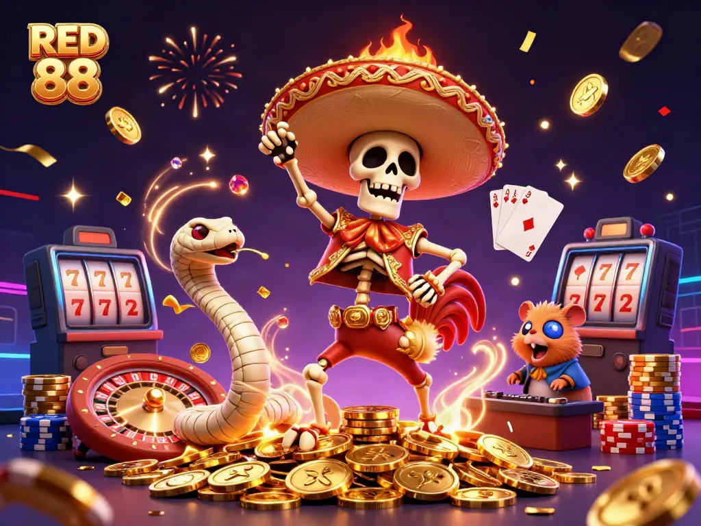 Experience excitement at RED 88 with dynamic casino characters celebrating amidst cascading coins and vibrant gaming elements.