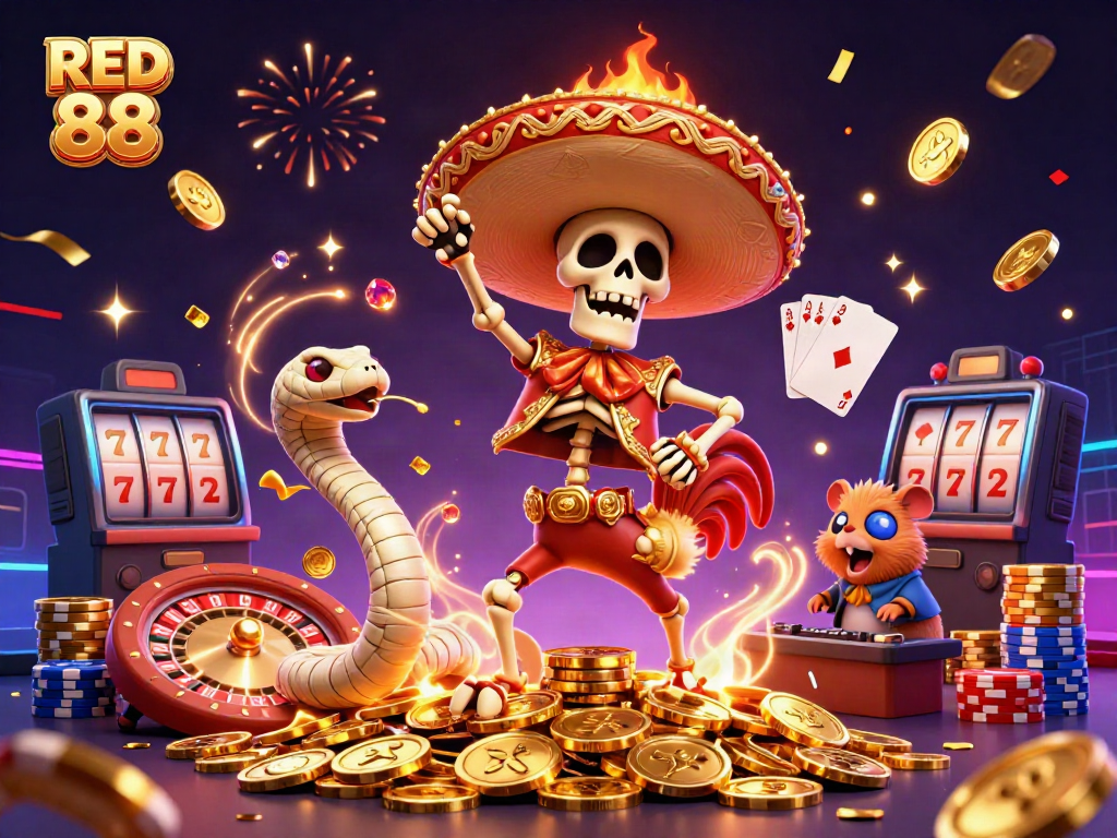 Experience excitement at RED 88 with dynamic casino characters celebrating amidst cascading coins and vibrant gaming elements.
