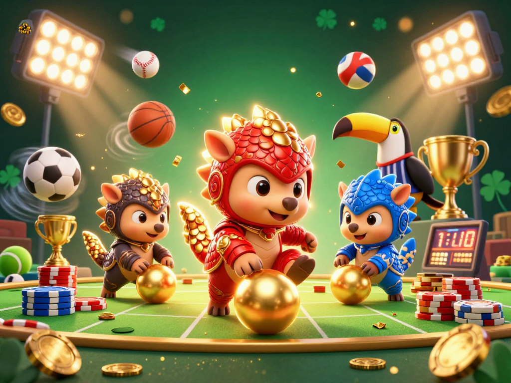 Celebrate at sunwin with rival pangolins competing amidst poker chips and flying sports balls.