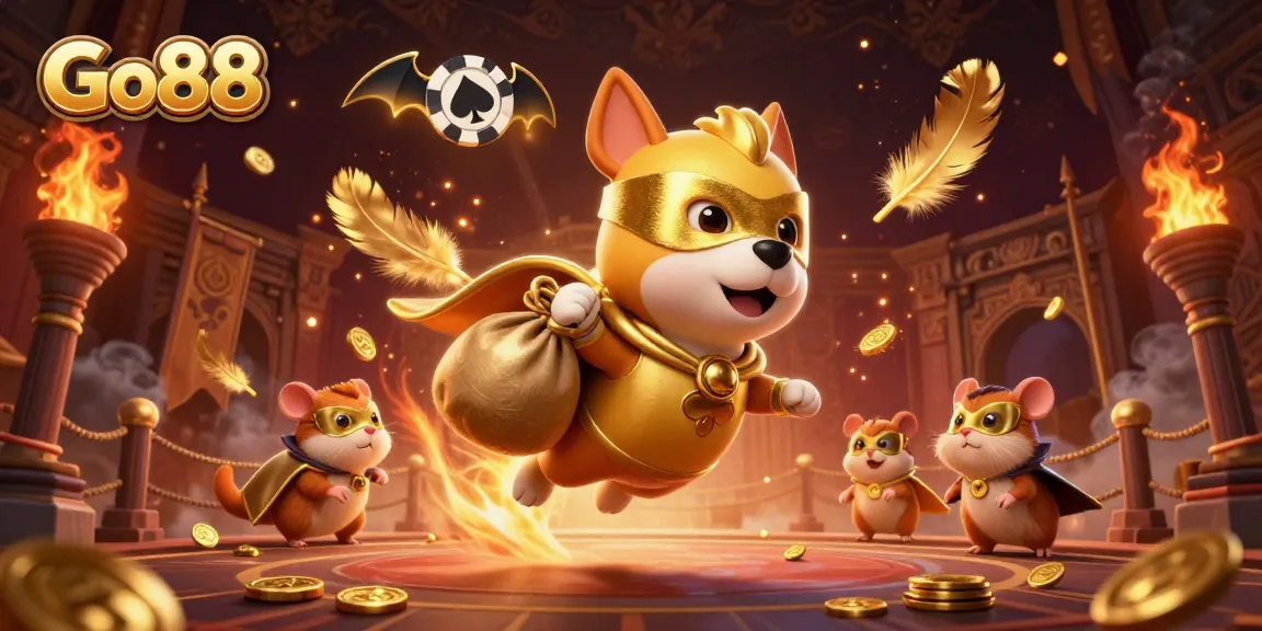 Experience thrilling gameplay at Go88 with a superhero dog and hamster in an exciting casino setting.