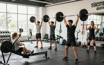 Aktive Bodybuilder trainieren mit Utinon Steroide in modernem Fitnessstudio.