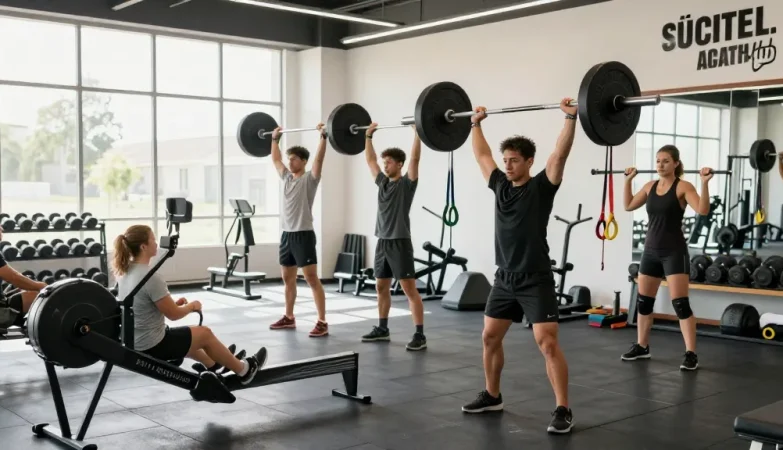 Aktive Bodybuilder trainieren mit Utinon Steroide in modernem Fitnessstudio.