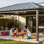 Moderne Terrassenüberdachung im Garten mit Familie bei einem Picknick.