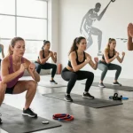Group workout demonstrating the vitality of fitness and active lifestyle while promoting reta for sale in a vibrant gym setting.