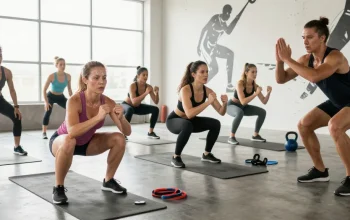 Group workout demonstrating the vitality of fitness and active lifestyle while promoting reta for sale in a vibrant gym setting.