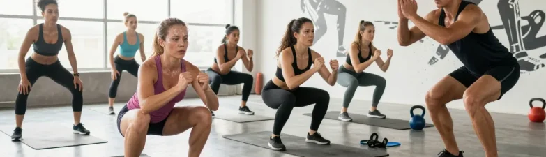 Group workout demonstrating the vitality of fitness and active lifestyle while promoting reta for sale in a vibrant gym setting.