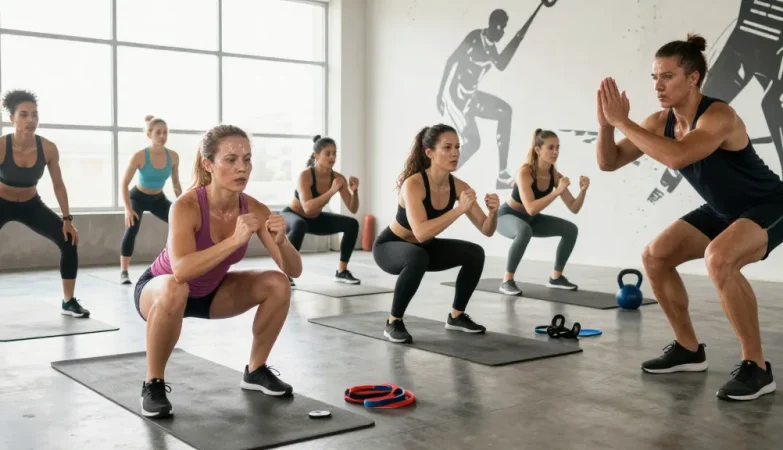 Group workout demonstrating the vitality of fitness and active lifestyle while promoting reta for sale in a vibrant gym setting.