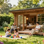 Gemütliches Gartenhaus aus Holz umgeben von blühenden Pflanzen im sonnigen Garten.