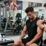 Anabolika Shop: Bodybuilder spritzt Steroide unter Anleitung im Fitnessstudio